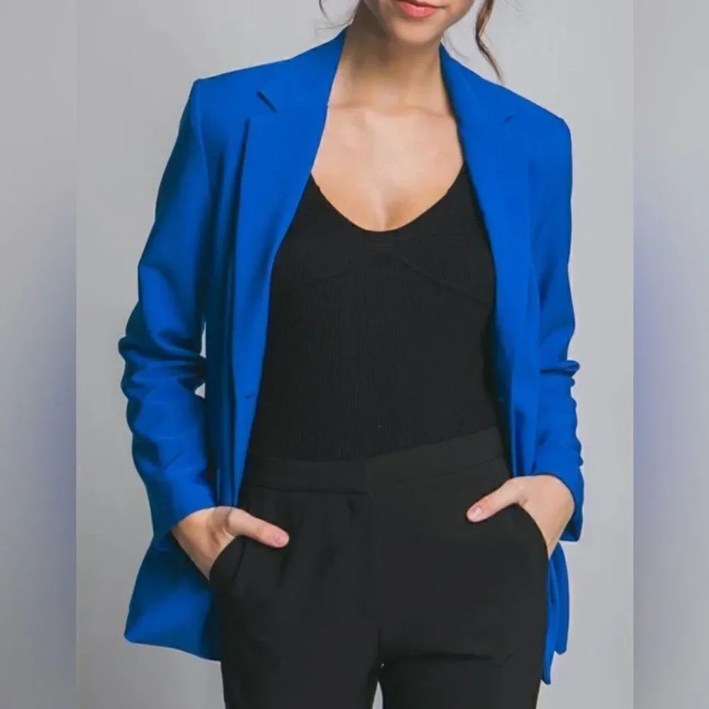 Worth New York Blue Wool Blend Longline Relaxed Fit Blazer Jacket Size L